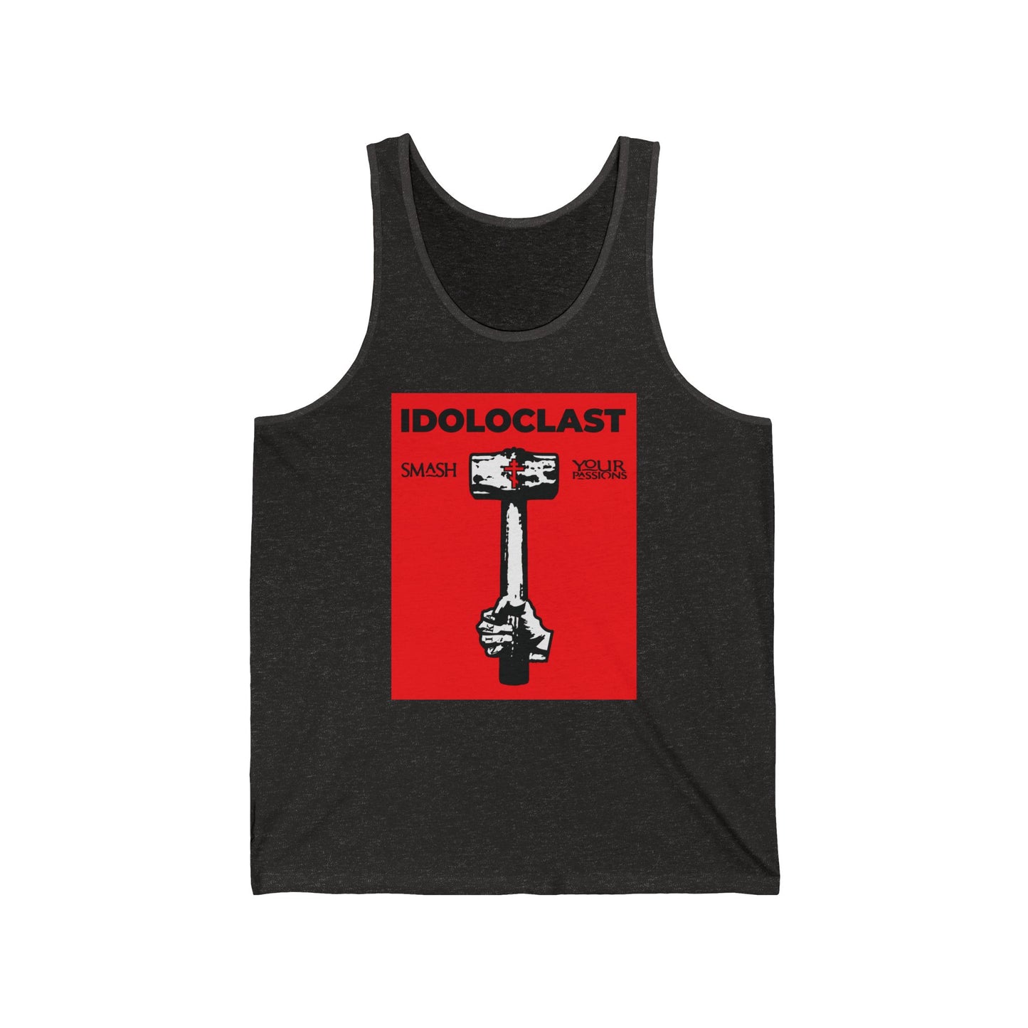 Idoloclast Idol-Smasher | Jesus NIKA Fist w/ Sledgehammer on Red Background | Smash Your Passions | Orthodox Christian Jersey Tank Top / Sleeveless Shirt