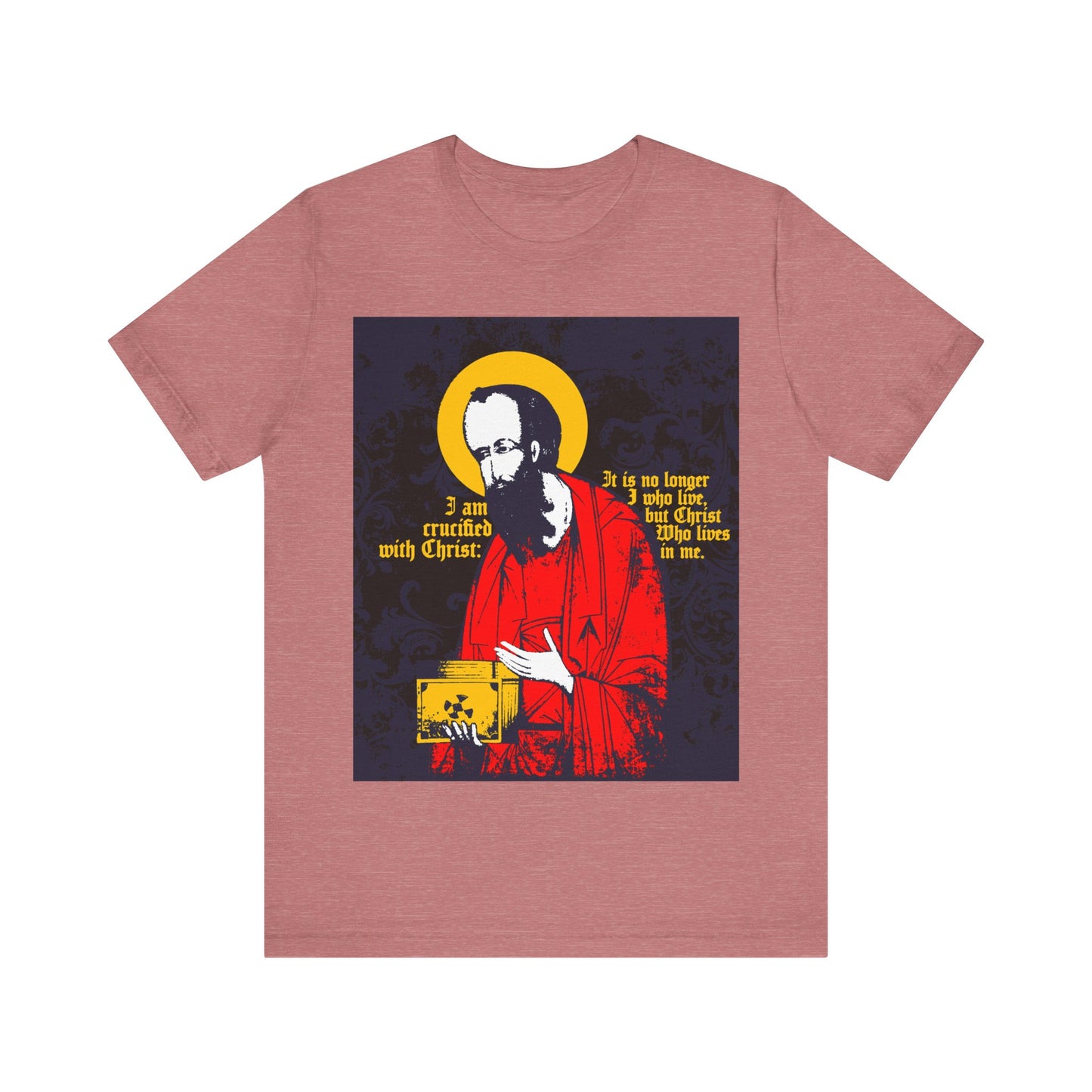 Heather mauve Orthodox Christian t-shirt featuring St Paul holding the Gospel, inspired by Galatians 2:20: "I am crucified with Christ," in iconographic style.