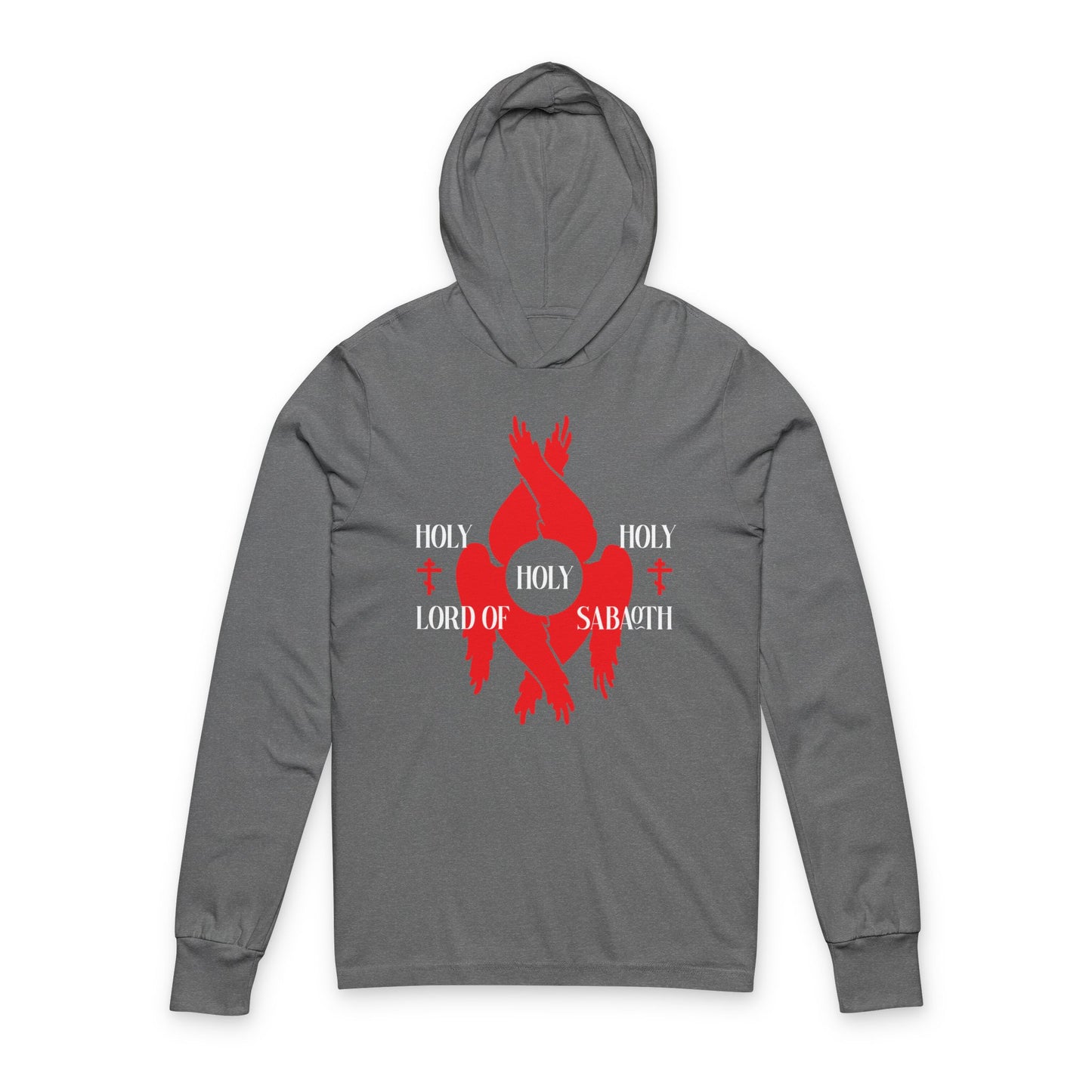 Grey TriBlend long sleeve hoodie featuring red seraphim wings, small Orthodox crosses, and “HOLY HOLY HOLY LORD OF SABAOTH” text from Isaiah 6:3, inspired by St John Chrysostom’s Liturgy.