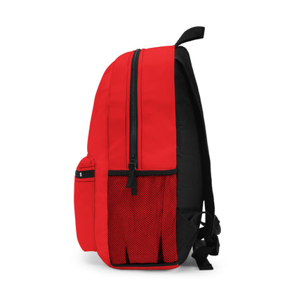Side view of the "Yellow Orthodox Cross Red Background" Orthodox Christian backpack with black zippers, mesh pocket, and straps—ideal for carrying essentials and reflecting on its message as a Precious Weapon of Unseen Warfare.