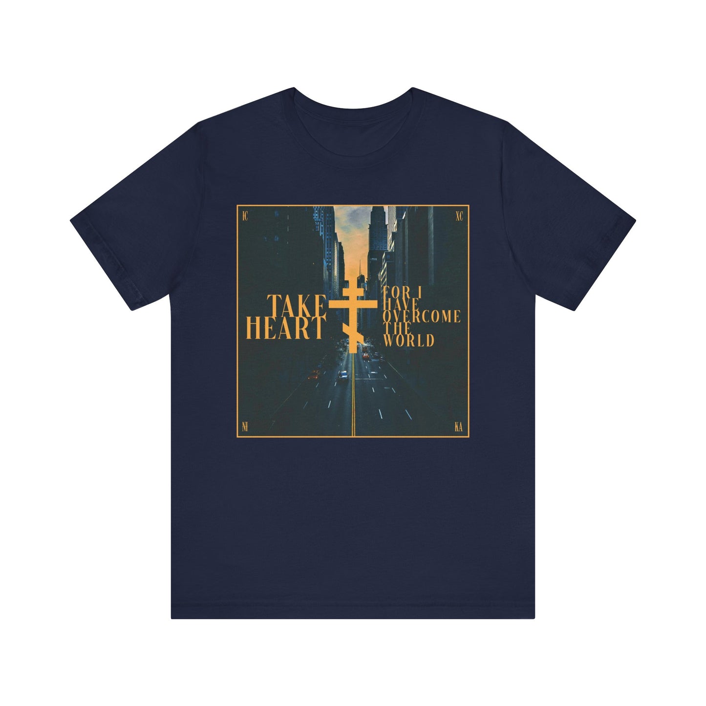 Take Heart, For I Have Overcome the World (John 16:33) | Redemptive Modern City Street Scene Design | Lightweight Cotton Unisex Tee