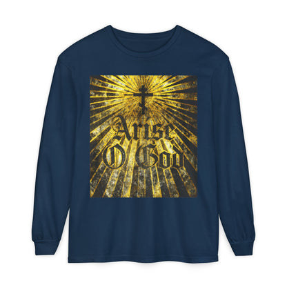 True Navy long sleeve featuring an Orthodox cross, golden rays, and "Arise O God" from Psalm 81 (82 LXX) in a bold textured Gothic font—Orthodox Christian design inspired by the Divine Council worldview.