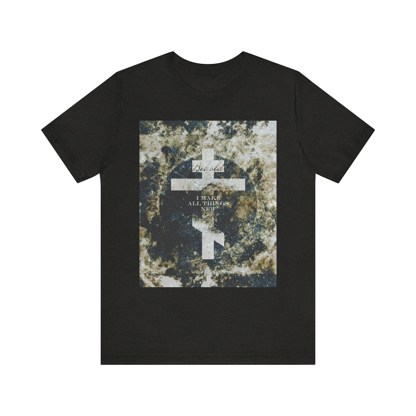 Black Heather tee featuring "Behold, I Make All Things New" (Revelation 21:5), cosmic textured Orthodox cross graphic—an inspiring Parousia-themed Orthodox Christian gift in lightweight cotton.