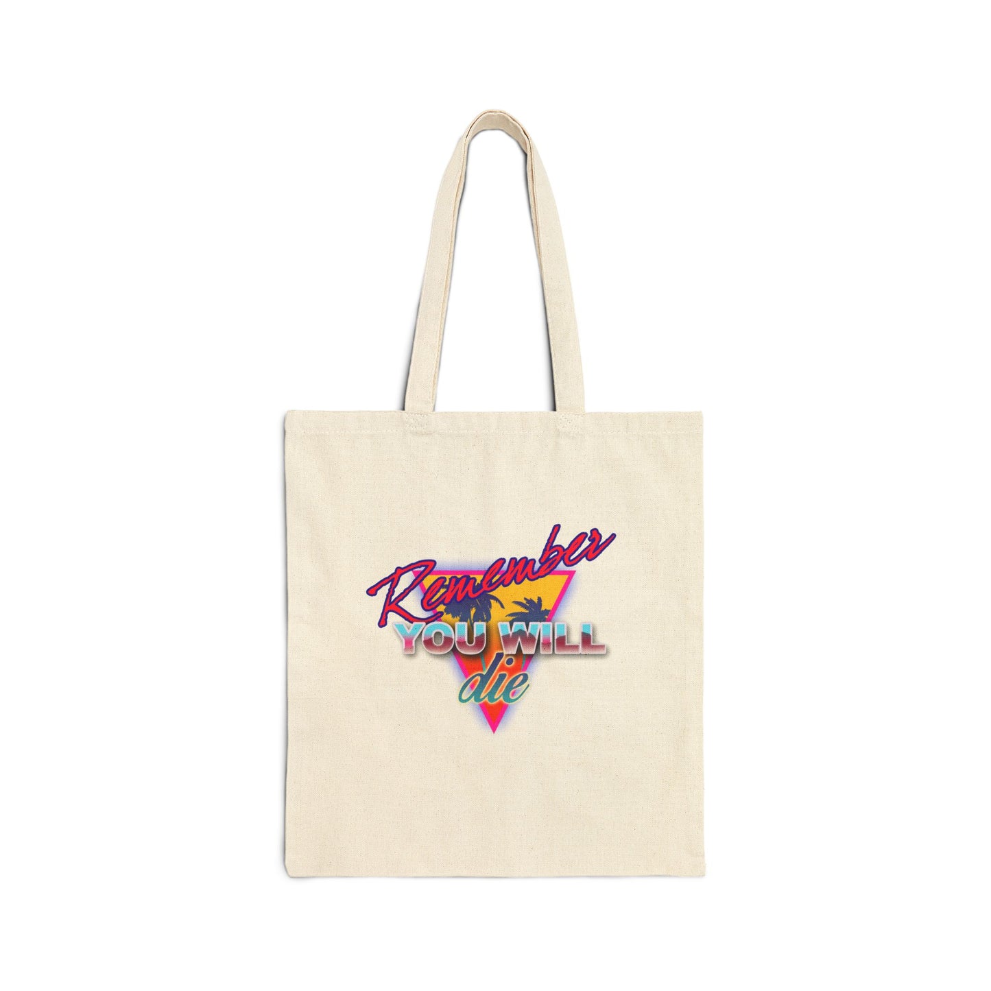 Natural-colored tote bag featuring "Remember You Will Die" with a palm tree in 80s retro synthwave style—a Memento Mori inspired by Orthodox Christian tradition and St. John Climacus' Ladder of Divine Ascent.