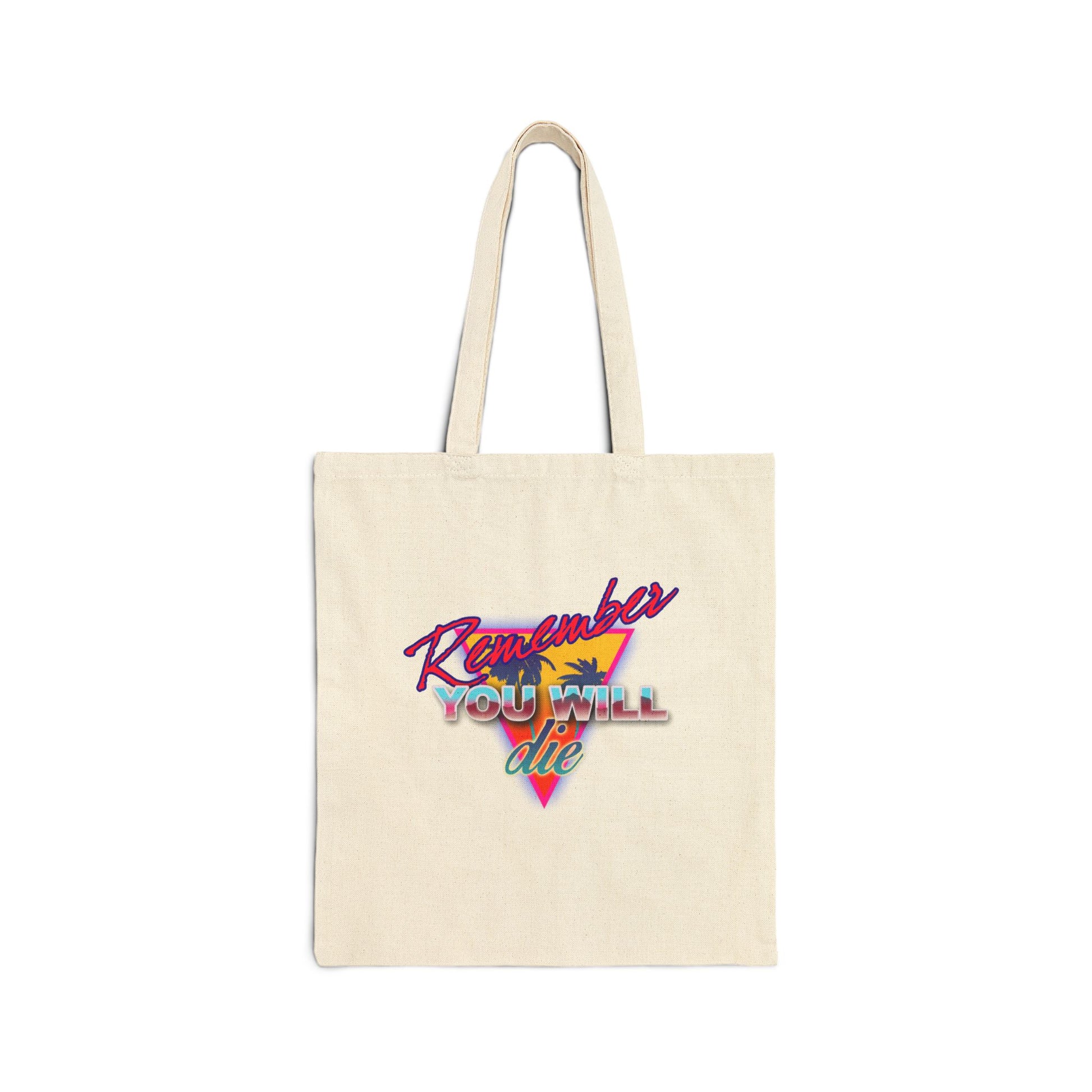 Natural-colored tote bag featuring "Remember You Will Die" with a palm tree in 80s retro synthwave style—a Memento Mori inspired by Orthodox Christian tradition and St. John Climacus' Ladder of Divine Ascent.