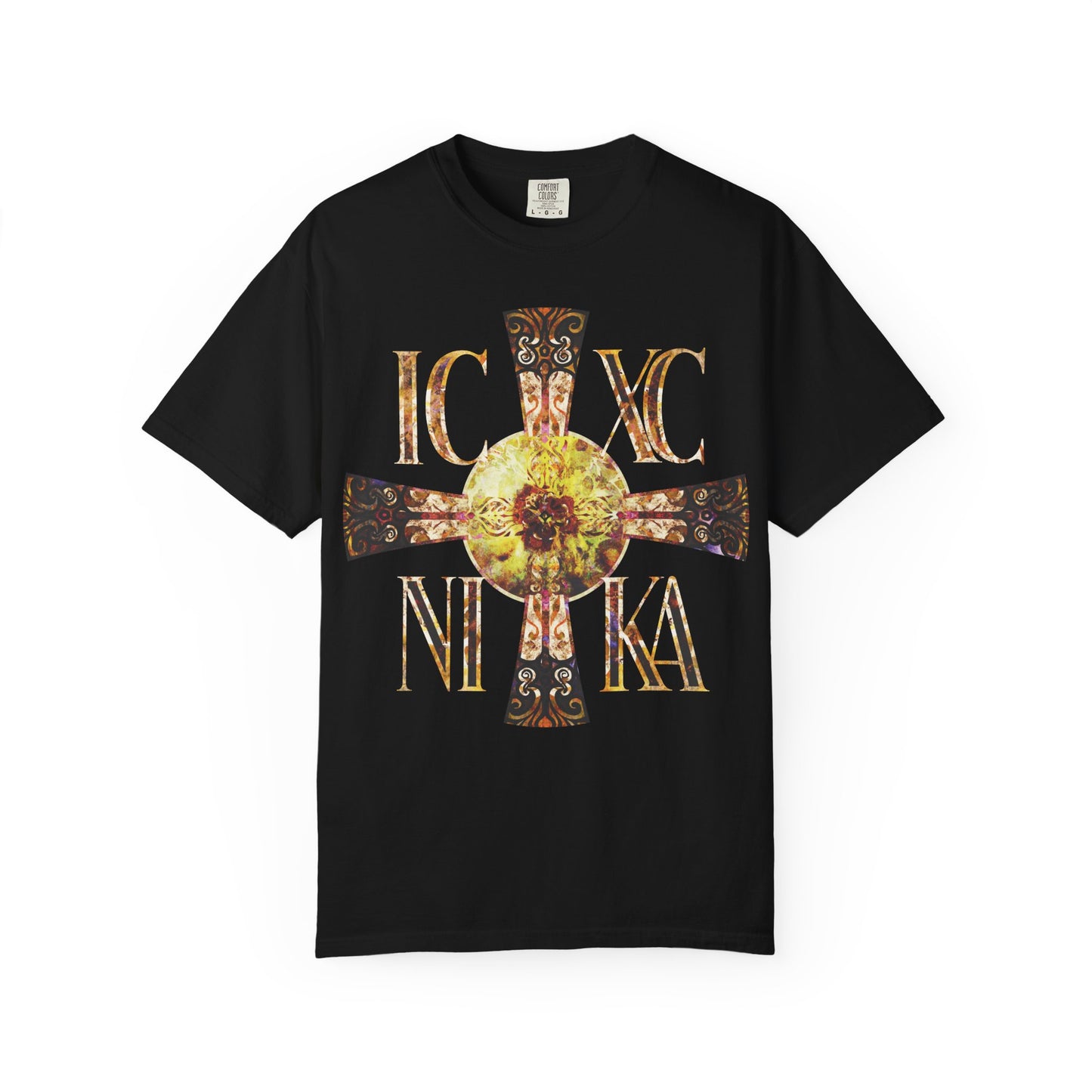 Black "ICXC NIKA Celtic Style Equal Armed Cross" Orthodox heavyweight unisex tee featuring a bright, solar-textured gold cross—symbolizing the never-setting Sun—with the letters IC XC NI KA printed around the design.