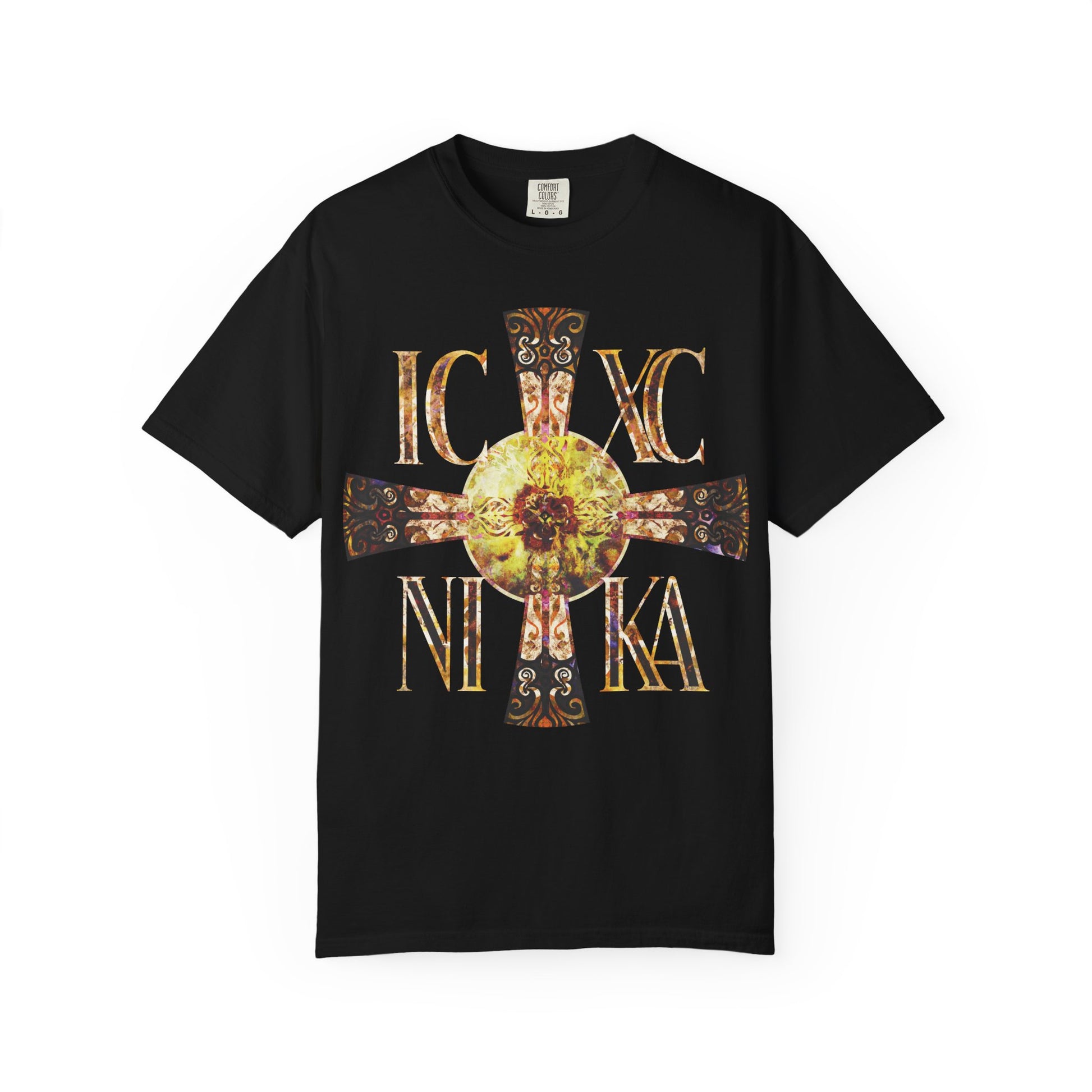 Black "ICXC NIKA Celtic Style Equal Armed Cross" Orthodox heavyweight unisex tee featuring a bright, solar-textured gold cross—symbolizing the never-setting Sun—with the letters IC XC NI KA printed around the design.
