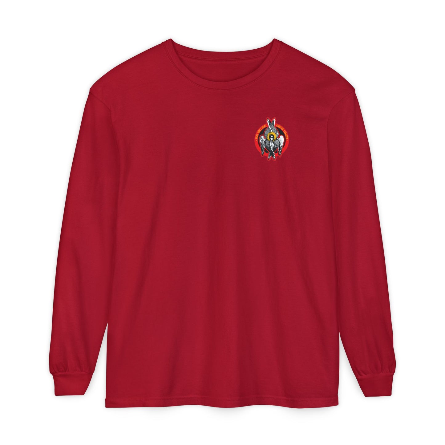 Red Holy Holy Holy Seraphim Angel Icono-Graphic long sleeve cotton shirt featuring a small, colorful design inspired by the Heavenly Hosts of God and Christian spirituality on the left chest.