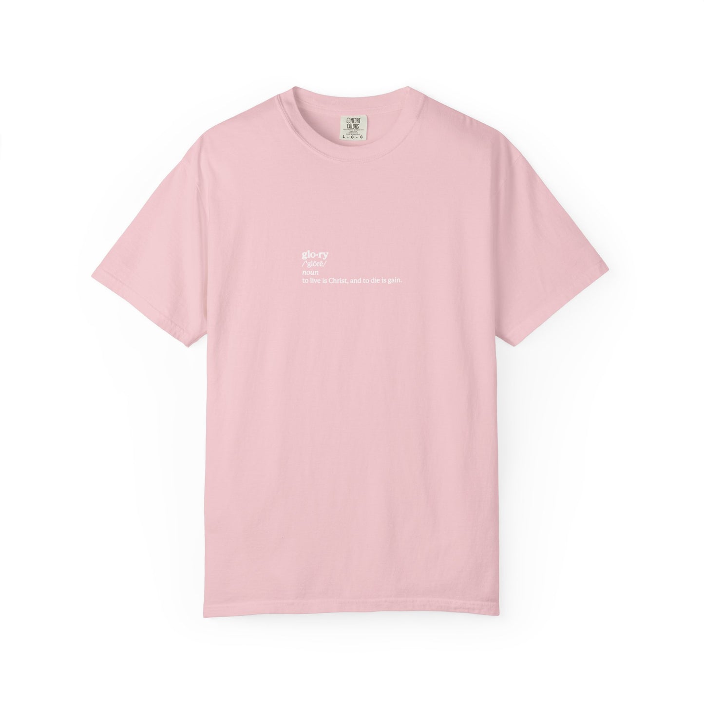 Blossom heavyweight cotton unisex tee with small white "To Live is Christ, to Die is Gain (Phil 1:21)" text on front, inspired by ascetic Christianity. Displayed on a white background.