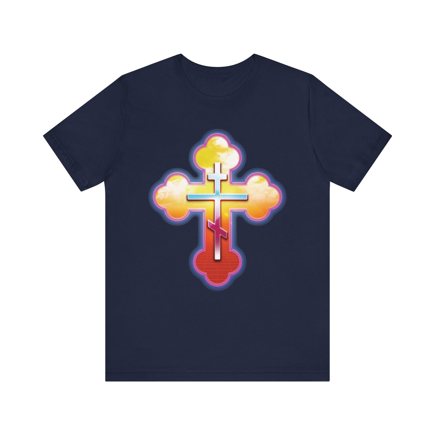 80s Synthwave Retrowave Outrun Aesthetic | Glowing & Reflective Gold & Red Three-Bar Cross | Lightweight Cotton Unisex Tee