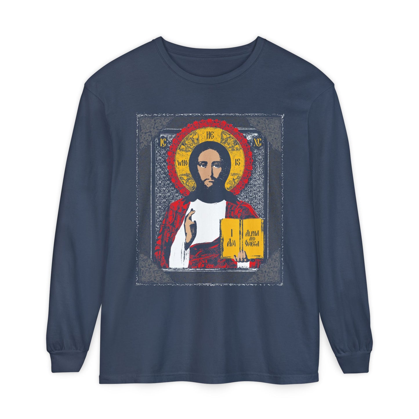 Midnight long-sleeve cotton shirt with a Christ Pantocrator Byzantine icon graphic and the phrase "I Am, Alpha and Omega" on the front. Features ancient Orthodox design from the Icono-Graphic collection.