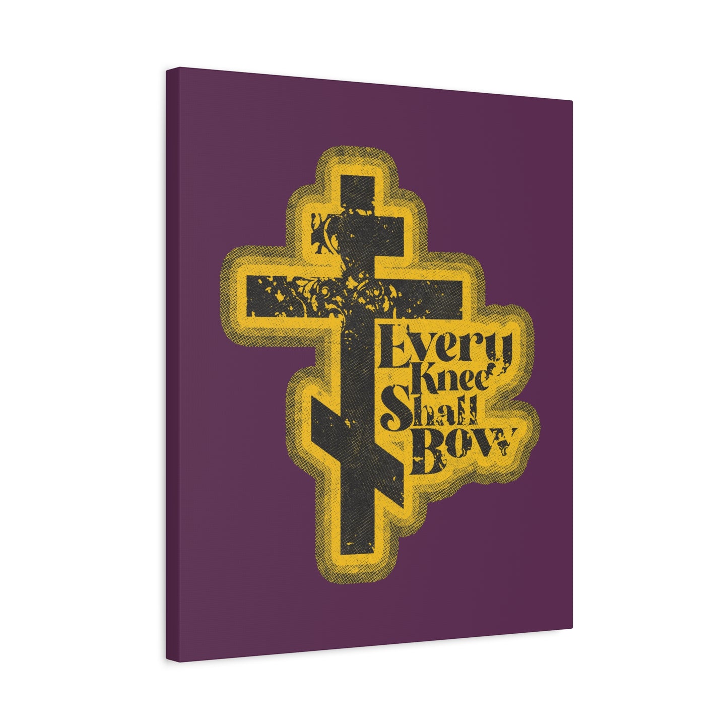 A yellow Orthodox cross with “Every Knee Shall Bow,” Philippians 2:10-11, and Isaiah 45:23 in a 70s distressed halftone comic book style on purple; Christian wall art.