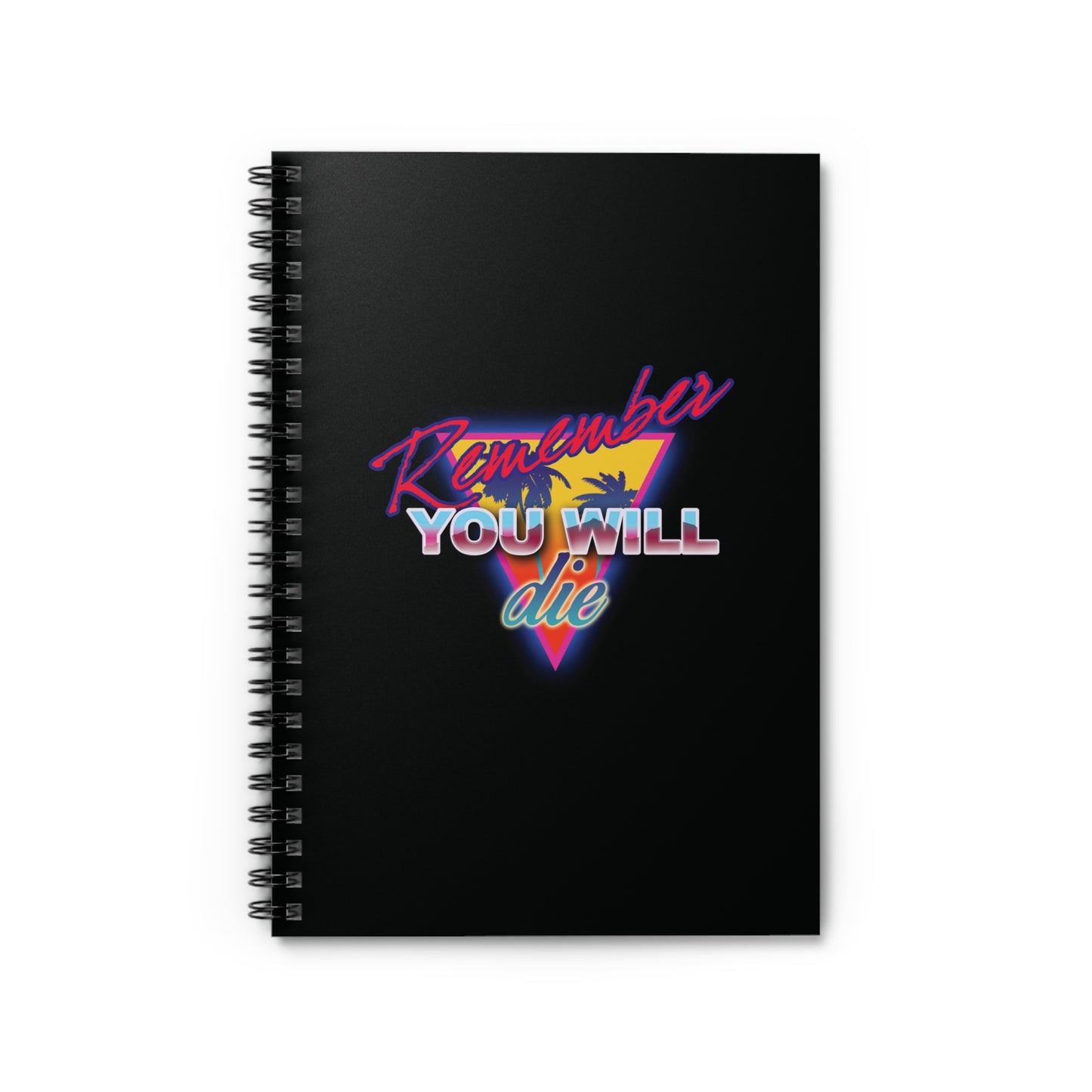 Black spiral notebook featuring "Remember You Will Die" in an 80s retro synthwave palm tree design—a bold Orthodox memento mori inspired by The Ladder of Divine Ascent.