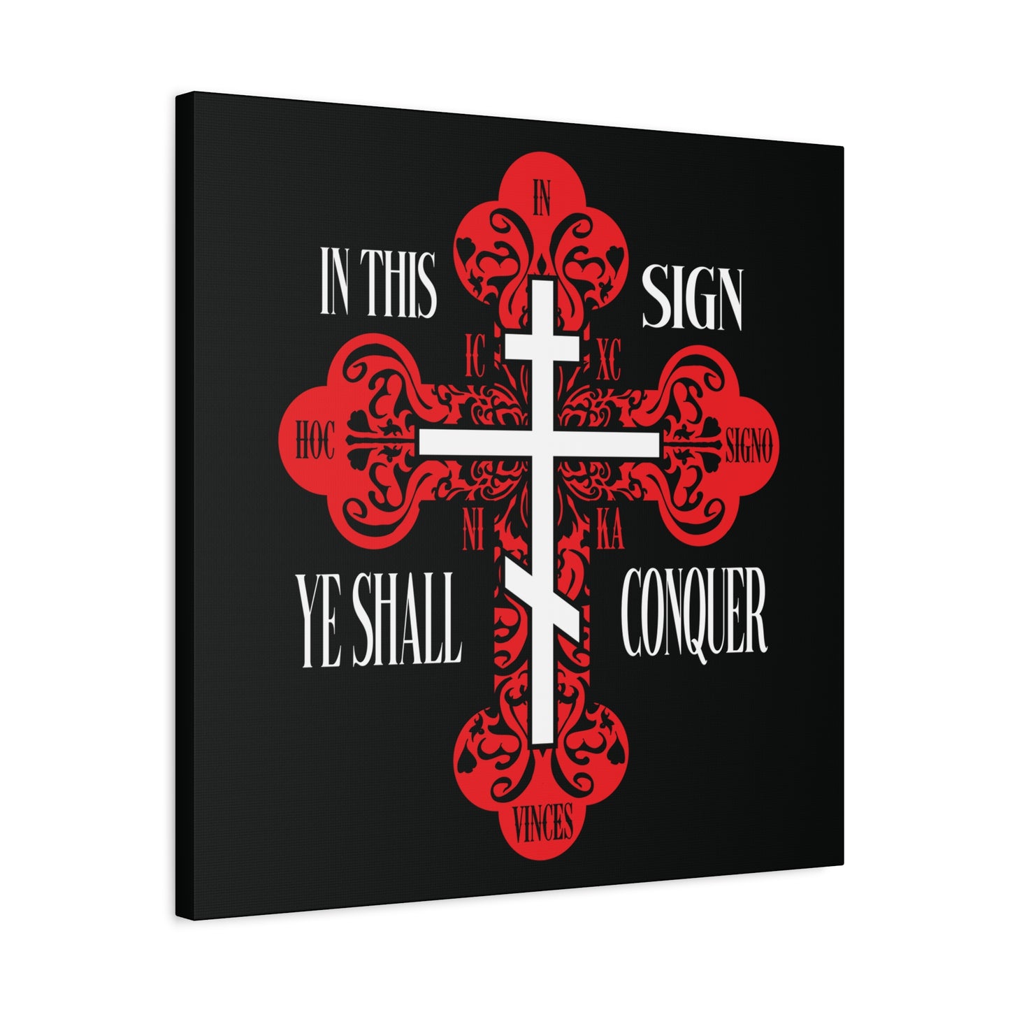 A red ornate Orthodox cross with "In This Sign Ye Shall Conquer" on a black background, from the "In This Sign Ye Shall Conquer | ICXC NIKA | Christian Wall Art" collection, symbolizing Christ’s victory.