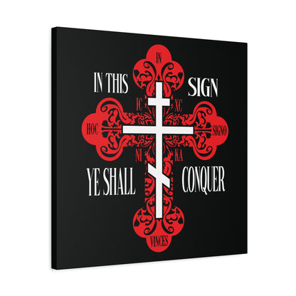 A red ornate Orthodox cross with "In This Sign Ye Shall Conquer" on a black background, from the "In This Sign Ye Shall Conquer | ICXC NIKA | Christian Wall Art" collection, symbolizing Christ’s victory.