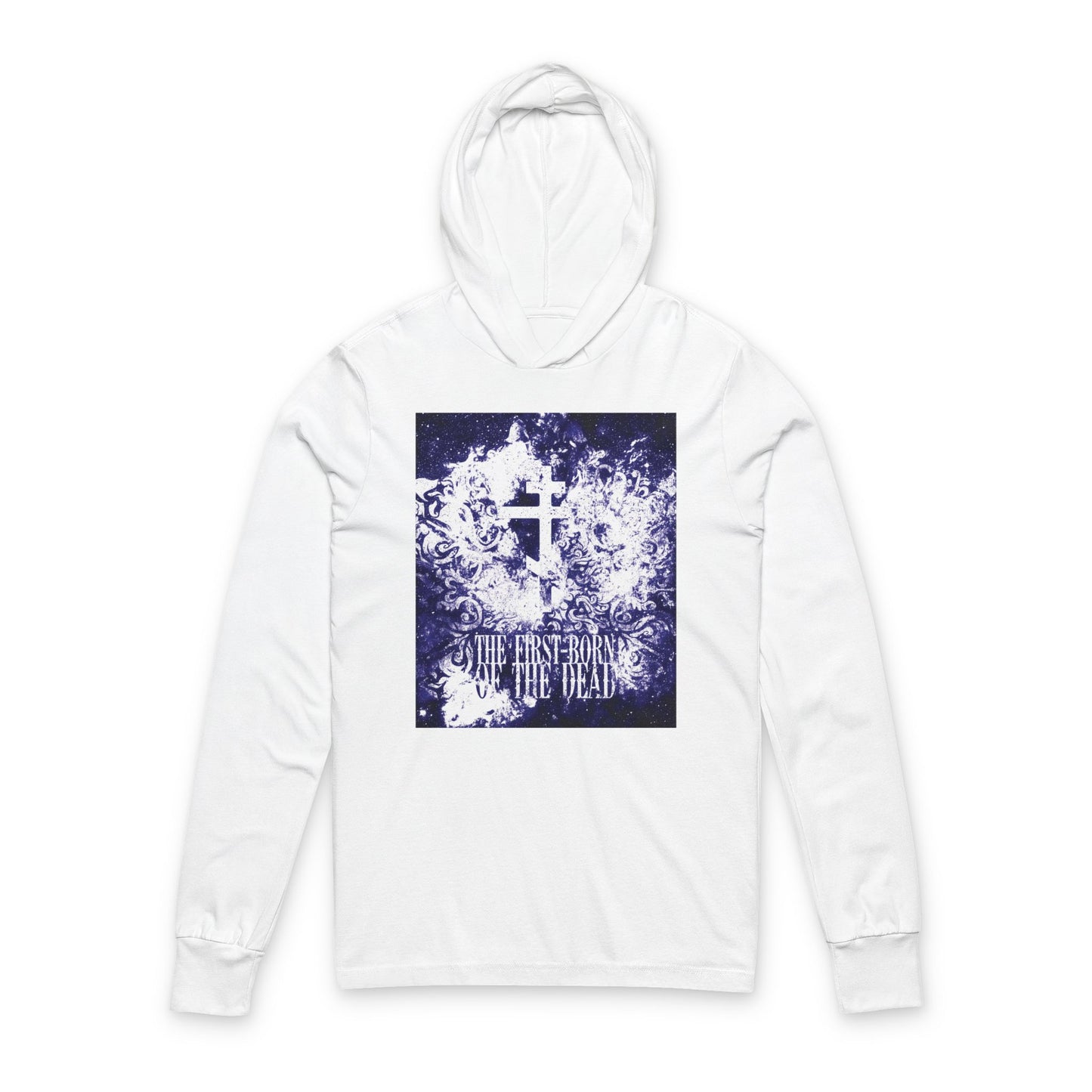 White hooded shirt featuring a textured cosmic Orthodox cross in glowing blue and white with "The First-Born of the Dead" text, inspired by the Resurrection & Apocalypse.