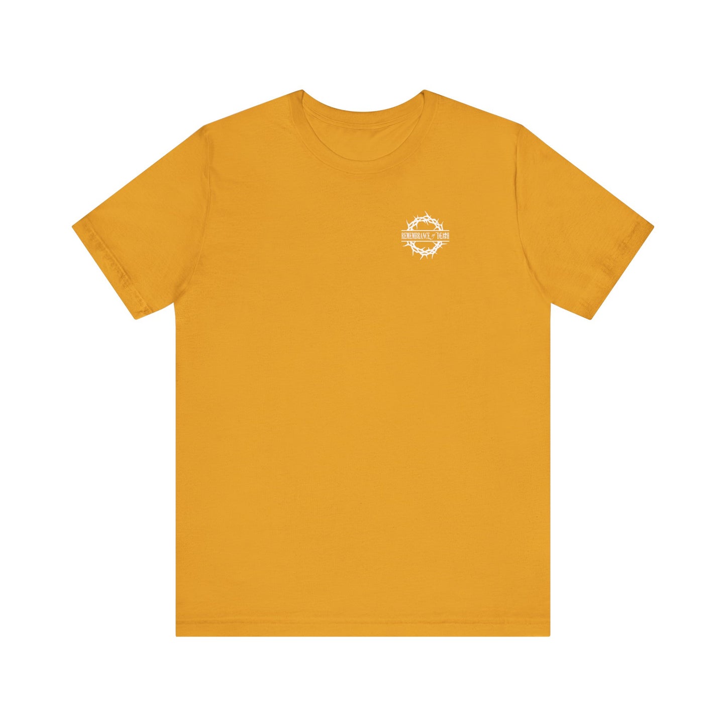 Mustard BACK PRINT 2-sided tee with branded front text, featuring a white Christian Goth flower cross & skull graphic. Lightweight cotton unisex T-shirt, “Dead to this World,” shown on a white background.