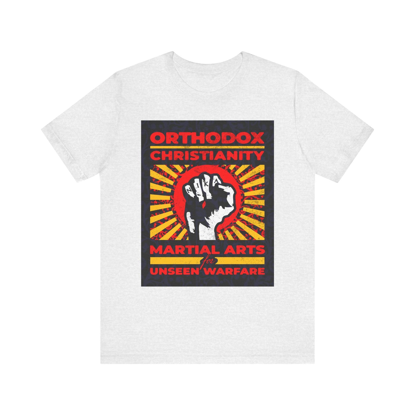 Ash unisex lightweight cotton tee featuring a colorful sunburst backdrop and the NIKA Jesus fist, boldly displaying “Orthodox Christianity: Martial Arts for Unseen Warfare”—a tribute to Christian virtue and spiritual struggle inspired by Archbishop Averky.