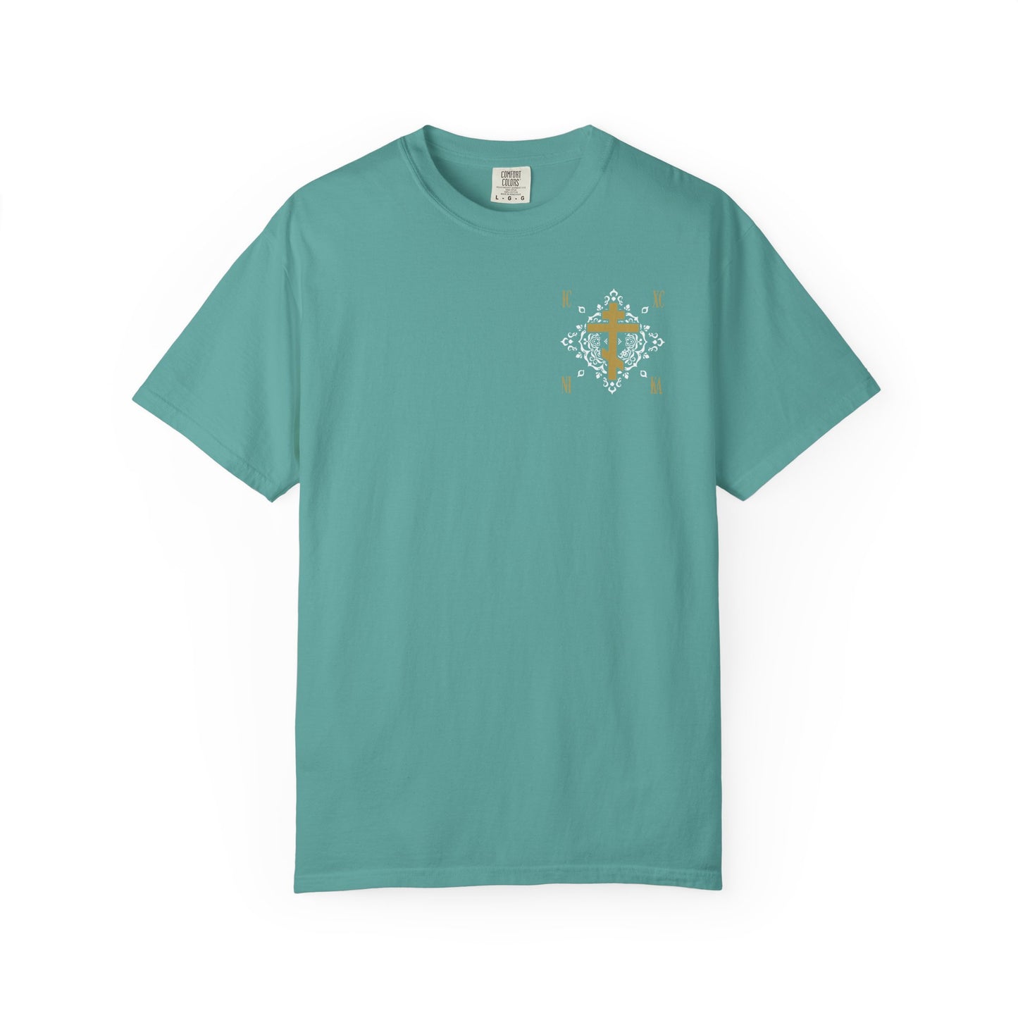 Seafoam heavyweight cotton unisex t-shirt featuring a small gold Orthodox Cross ICXC NIKA with white medieval ornate floral pattern design on the upper left chest.