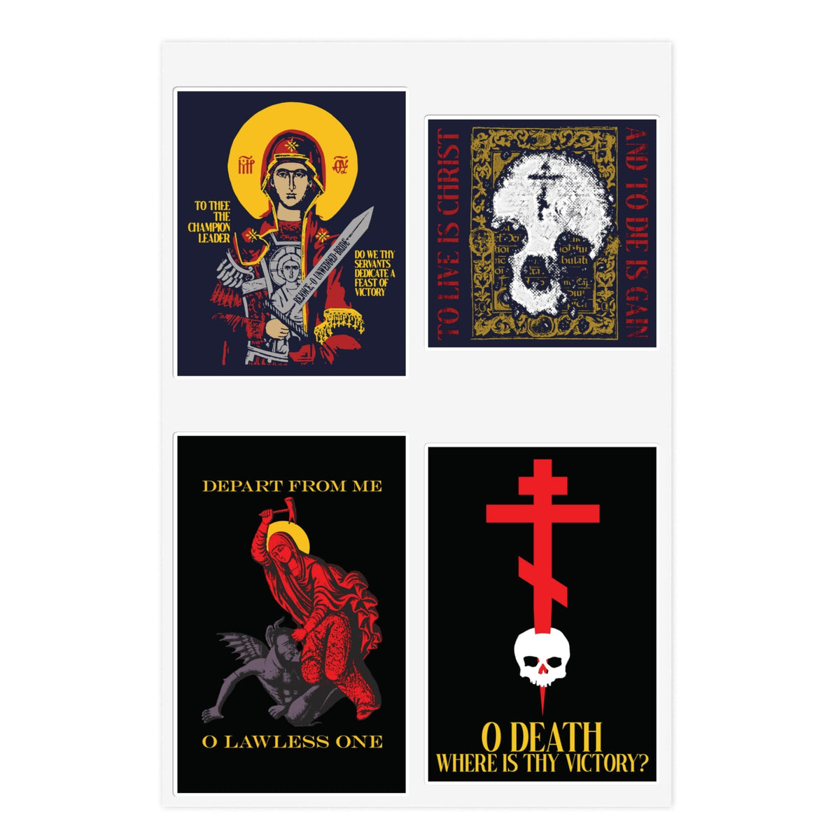 A set of four Orthodox stickers—Bestseller Mix No. 1—including Theotokos Champion Leader, St Marina, “Death Where is Thy Victory,” and “To Live is Christ” designs, each featuring iconography and evocative scripture on a white sheet.