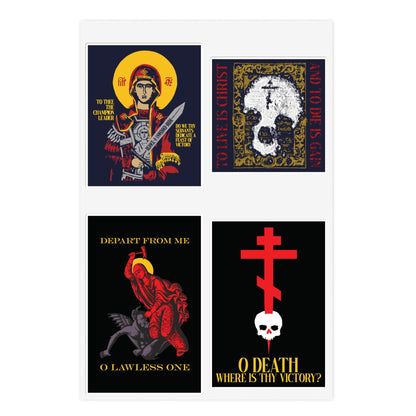 A set of four Orthodox stickers—Bestseller Mix No. 1—including Theotokos Champion Leader, St Marina, “Death Where is Thy Victory,” and “To Live is Christ” designs, each featuring iconography and evocative scripture on a white sheet.