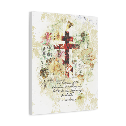 Preparing For Death | White & Beige Floral Scrapbook Texture Cross | Arts & Crafts Style | St Irenaeus | Orthodox Christian Canvas Art