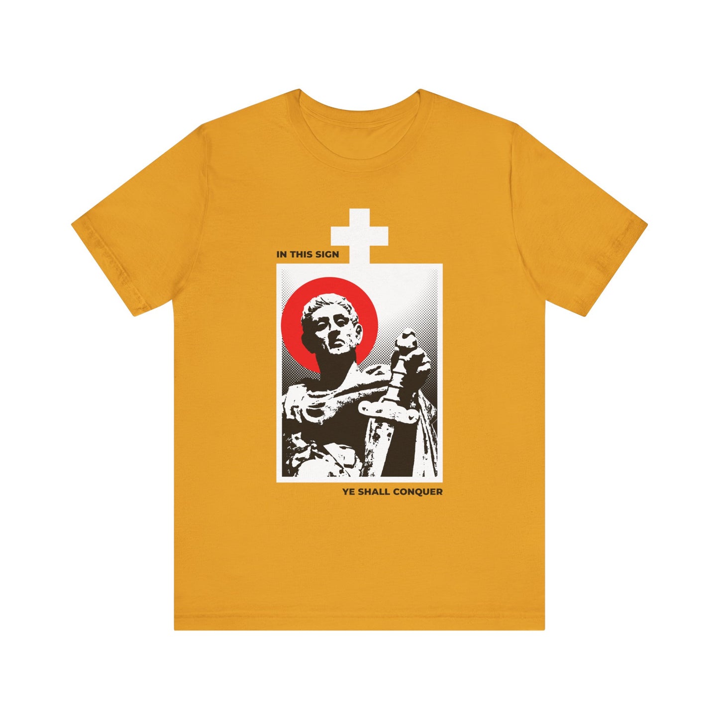 Introducing the "In This Sign Ye Shall Conquer | Statue of St Constantine the Great With Sword | Conquer Your Passions" lightweight cotton unisex T-shirt in mustard. This T-shirt features a striking graphic of St Constantine the Great holding a sword, accentuated with a red halo, white cross, and the powerful inscription "In This Sign Ye Shall Conquer." Echoing themes from the Troparion of the Cross, this design encourages you to take up your cross and conquer your passions with faith and courage.