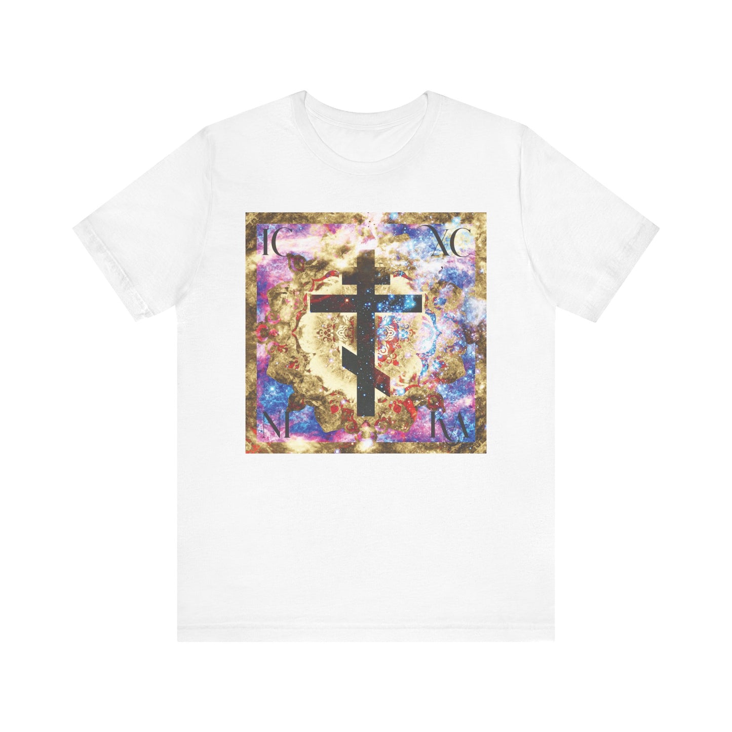 White "ICXC NIKA Gold & Blue Colorful Cosmic Textured Cross" Orthodox Christian lightweight cotton unisex t-shirt featuring an abstract multicolored square graphic with an Orthodox cross and decorative lettering, inspired by the power of the Cross celebrated by St. John of Kronstadt.