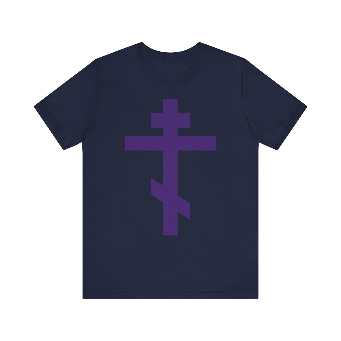 Navy "Purple Orthodox Tribar Cross | Preserve Thy People By Thy Cross, O Lord | Christ is King" Christian lightweight cotton unisex tee featuring a large purple Eastern Orthodox cross printed on the front.