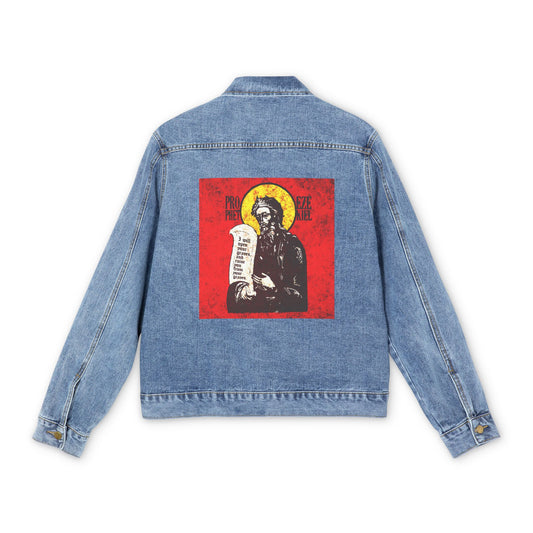 Prophet Ezekiel IconoGraphic | Textured, High Contrast Bright Red and Yellow Design | Old Testament | Orthodox Christian Blue Denim Jacket