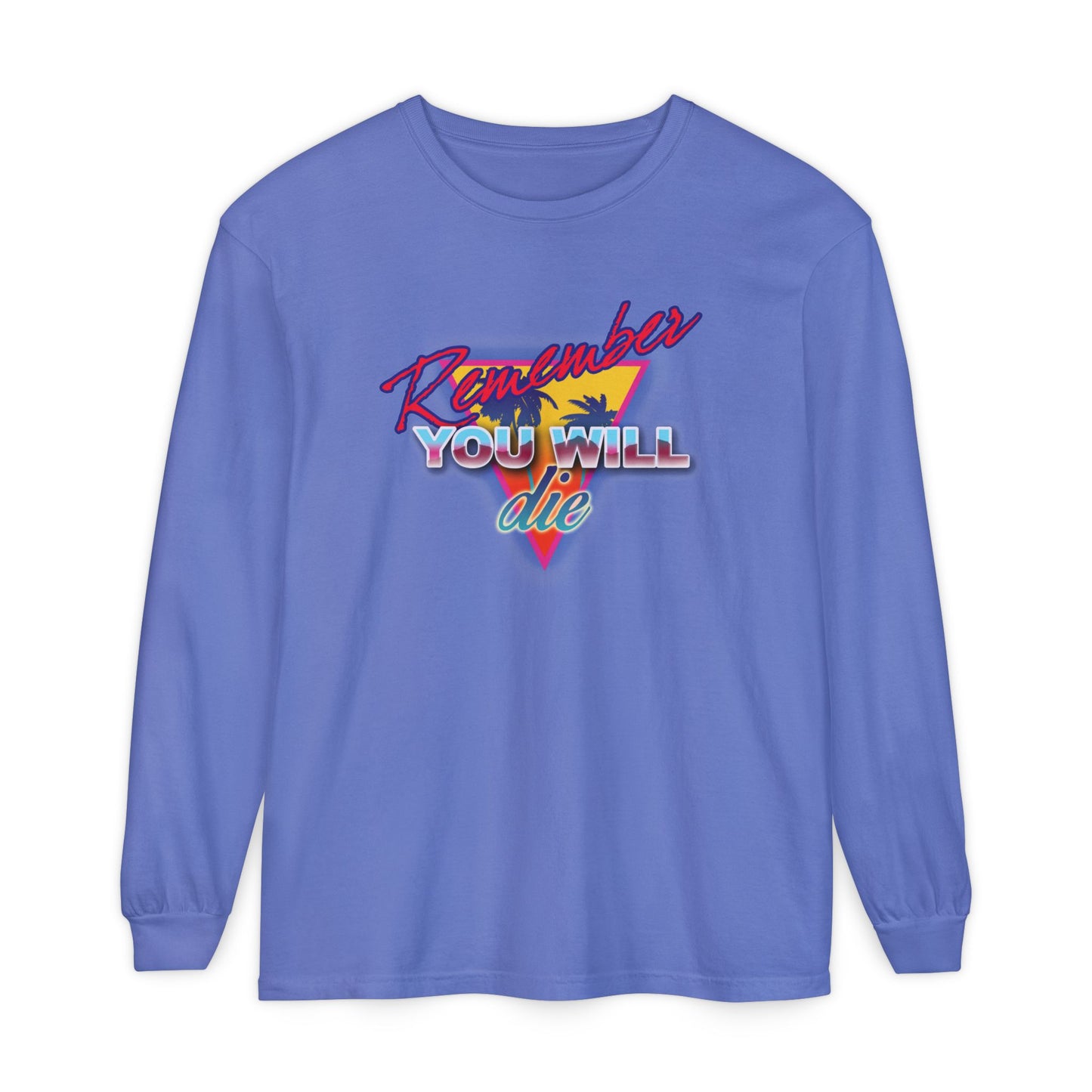 Flo Blue long-sleeve cotton shirt featuring “Remember You Will Die” with a palm tree in 80s retro synthwave style, inspired by the Ladder of Divine Ascent’s memento mori teaching.