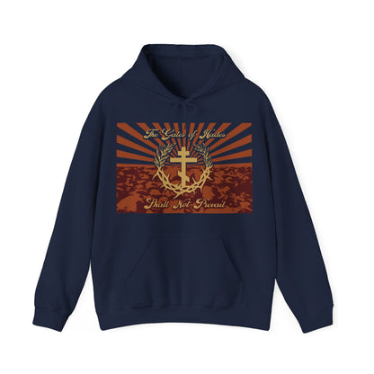 The Gates of Hades Shall Not Prevail | Cross with Wreath & Crown of Thorns | Skulls and Rays | Orthodox Christian Hoodie