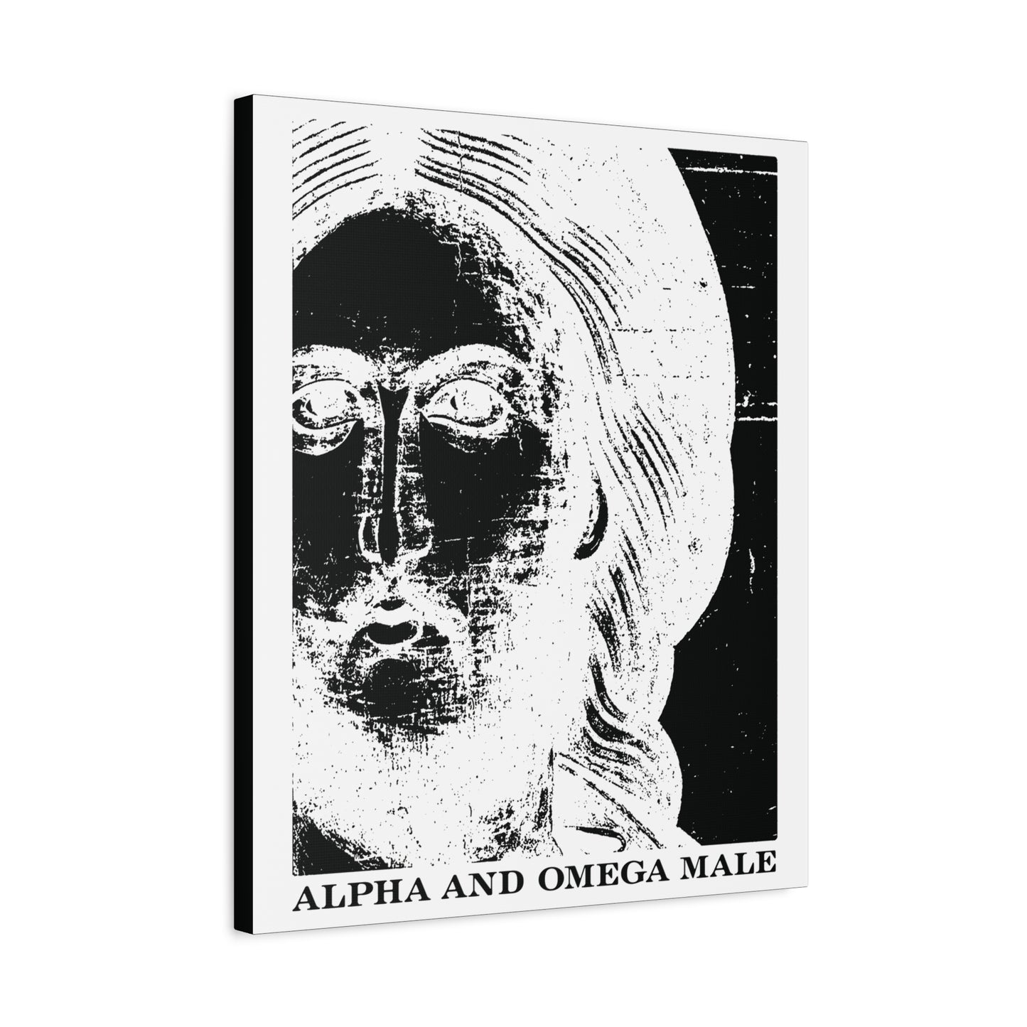 Black and white abstract Jesus Christ face with long hair; text ALPHA & OMEGA MALE below. Inspired by "I am the Beginning & the End" (Rev 22), this Orthodox canvas wall art captures a photonegative icono-graphic style.