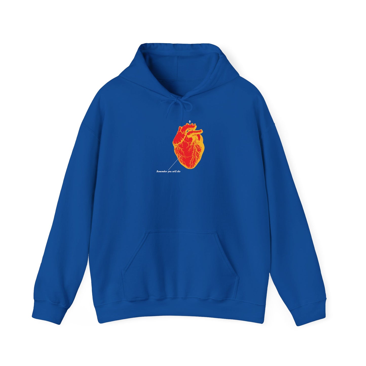 Royal hoodie featuring an inverted red and orange anatomical heart with small white text, inspired by memento mori and Orthodox Christian themes. "Remember You Will Die Retro Medical Textbook Heart Design.