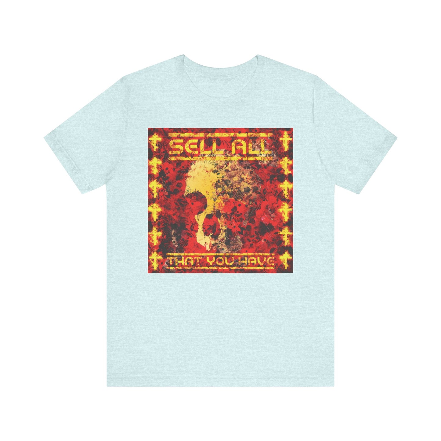Heather Prism Ice Blue unisex lightweight cotton tee featuring a red and yellow abstract design with the words “SELL ALL THAT YOU HAVE” on the front, inspired by Jesus Christ’s teachings about the commandments and eternal life. Product name: Sell All That You Have No. 1 | Orthodox Christian Lightweight Cotton Unisex Tee.