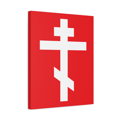 The "White Orthodox Cross Red Background" canvas features a white Eastern Orthodox cross on solid red, with the message: "May I never boast, except in the cross of our Lord Jesus Christ" (Gal 6:14). Perfect for Orthodox art lovers.