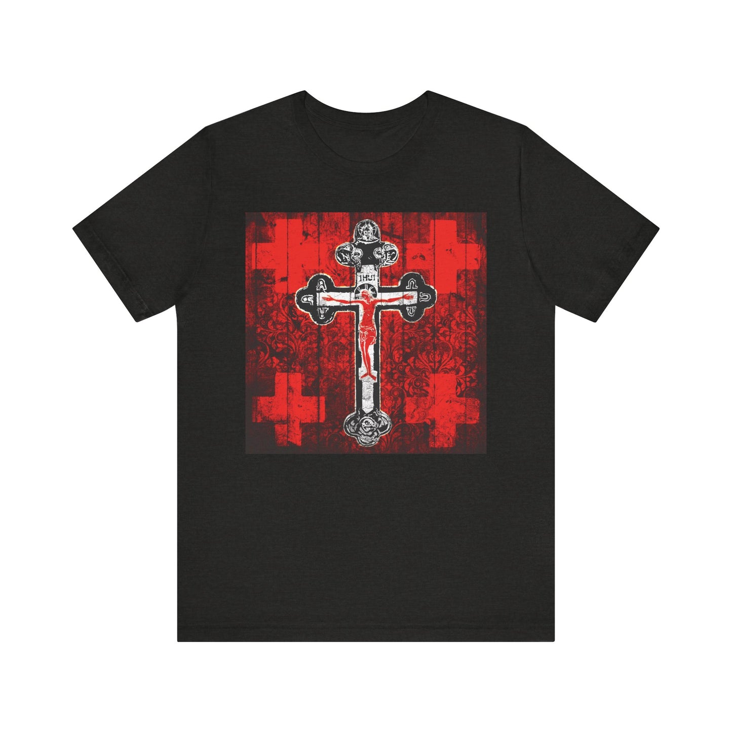 The Alpha & Omega Art Cross Tee is a lightweight unisex cotton shirt in Black Heather, featuring a red, white, and black Orthodox Jesus Christ crucifix iconographic design.