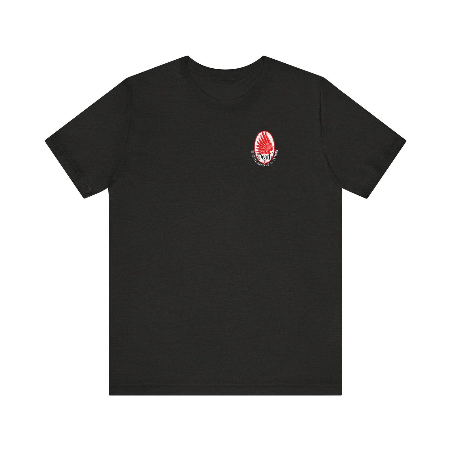 Black Heather t-shirt featuring a small Art Nouveau eagle wing & stars design with “Death is Swallowed Up in Victory” (1 Cor 15:54), symbolizing incorruptibility and victory over death.