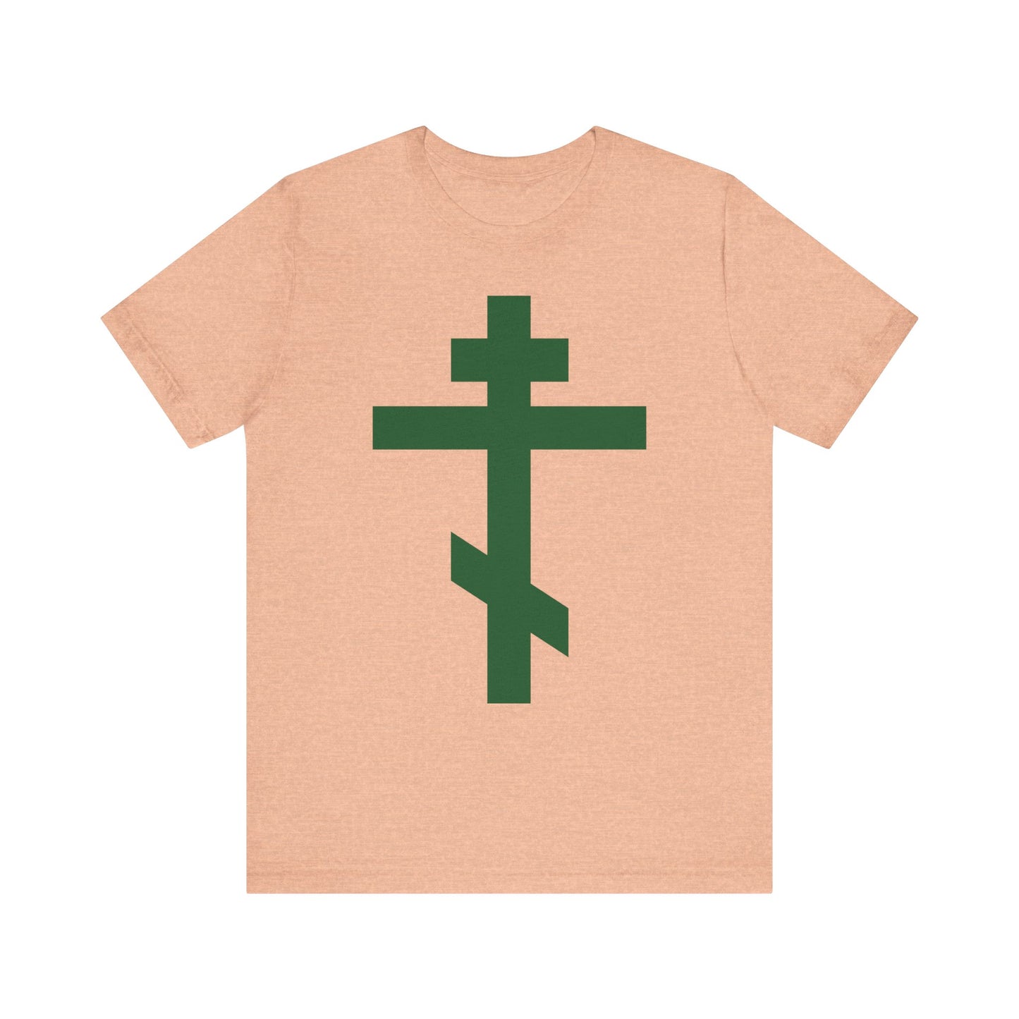 Heather Peach lightweight cotton unisex tee featuring a large forest green Orthodox Tribar Cross and "Preserve Thy People By Thy Cross, O Lord | Christ is King" design.