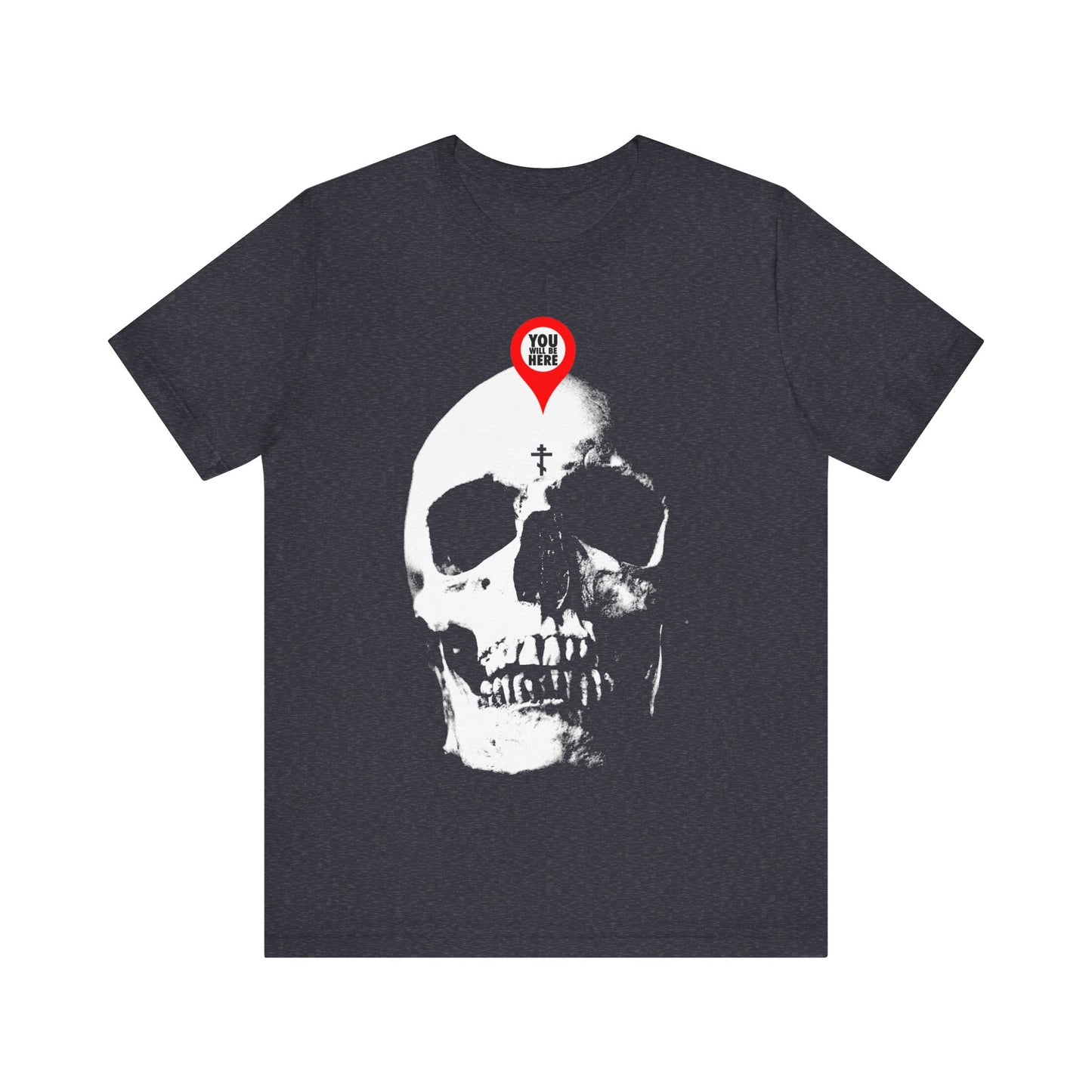 Black t-shirt featuring the "You Will Be Here Maps Marker on Skull" design—a Memento Mori and Orthodox Christian reminder: "What You Are I Once Was, Remember You Will Die.