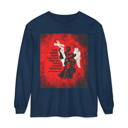 Little Divides Angels from Men | Christian Perfection | St John Chrysostom | Textured Cemetery Angel | Orthodox Christian Long Sleeve Shirt