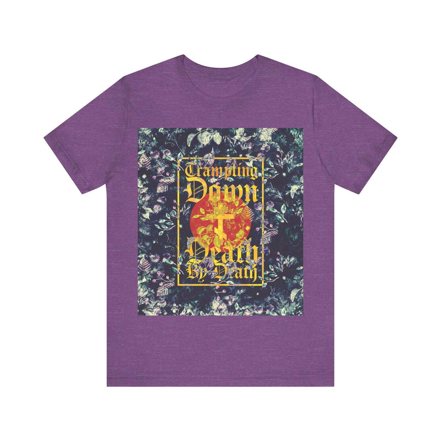 Trampling Down Death By Death | Paschal Floral Design with Gothic Script and Three-Bar Cross | Orthodox Christian T-Shirt