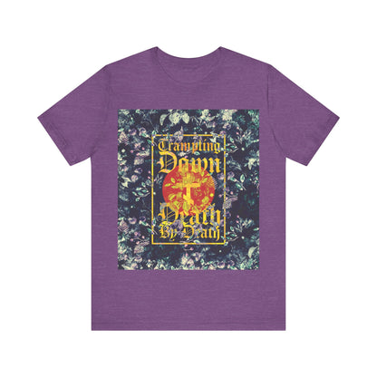 Trampling Down Death By Death | Paschal Floral Design with Gothic Script and Three-Bar Cross | Orthodox Christian T-Shirt