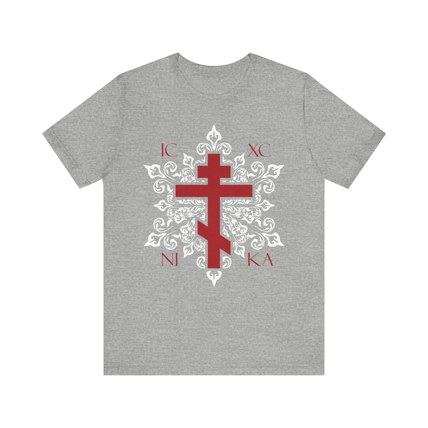 Athletic Heather unisex tee featuring a red Orthodox cross with IC XC NI KA lettering on an ornate white floral design—a best-selling, lightweight cotton t-shirt inspired by Orthodox Christian tradition.