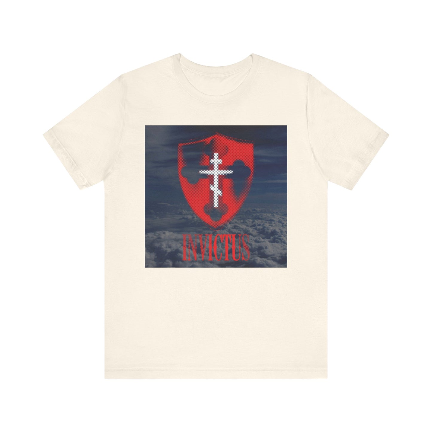 Natural-colored lightweight cotton unisex tee featuring a glowing red halftone shield, white Orthodox cross, and "Christ Unconquered" text over clouds—a design inspired by 1 Corinthians 15:54 that reminds us death is swallowed up in victory. From the Invictus White Orthodox Cross collection.