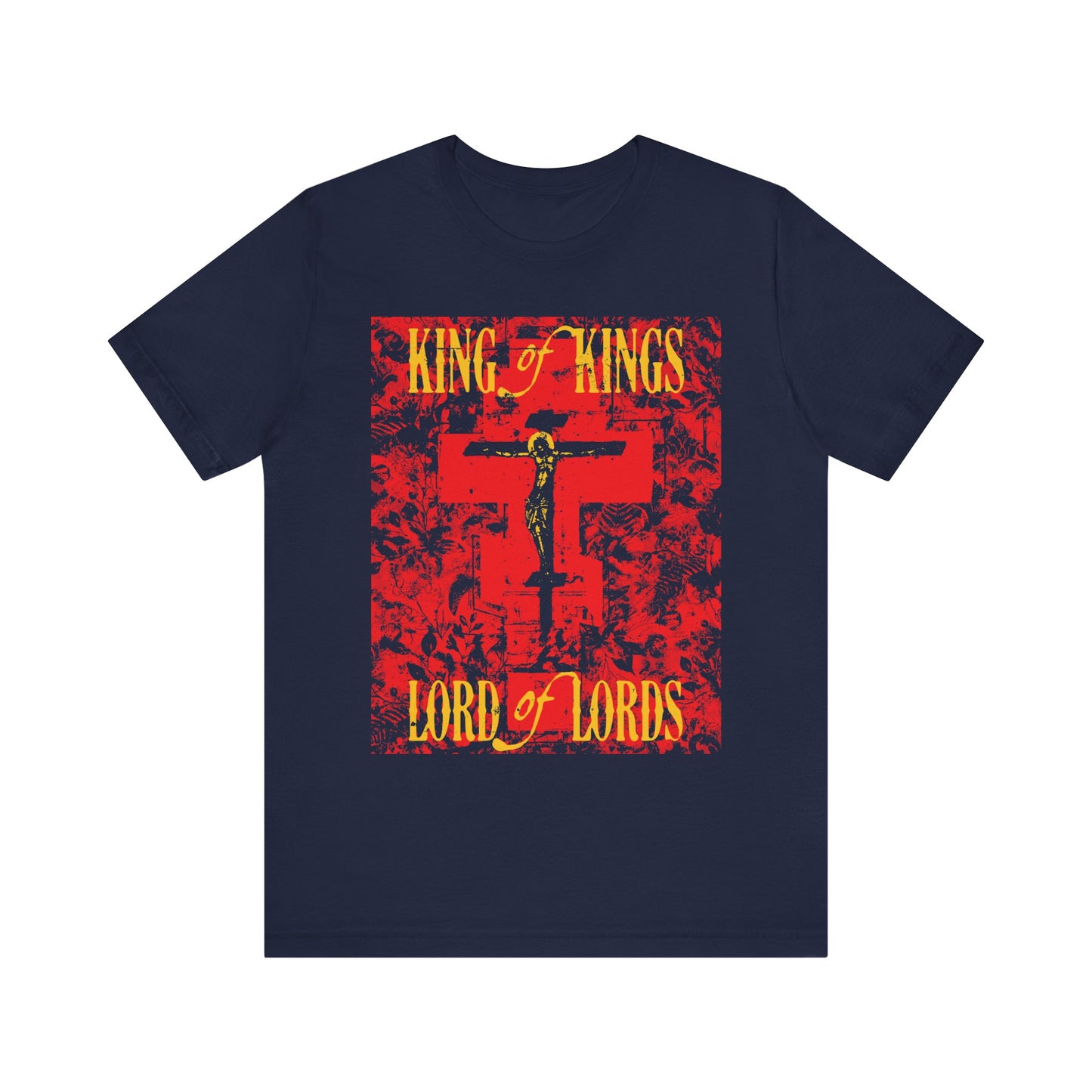 Celebrate the enduring truth of the Word of God with the "King of Kings, Lord of Lords | Christ Crucified Orthodox Icono-Graphic" lightweight cotton unisex t-shirt, featuring a striking yellow and red crucifix design with nature texture on navy.