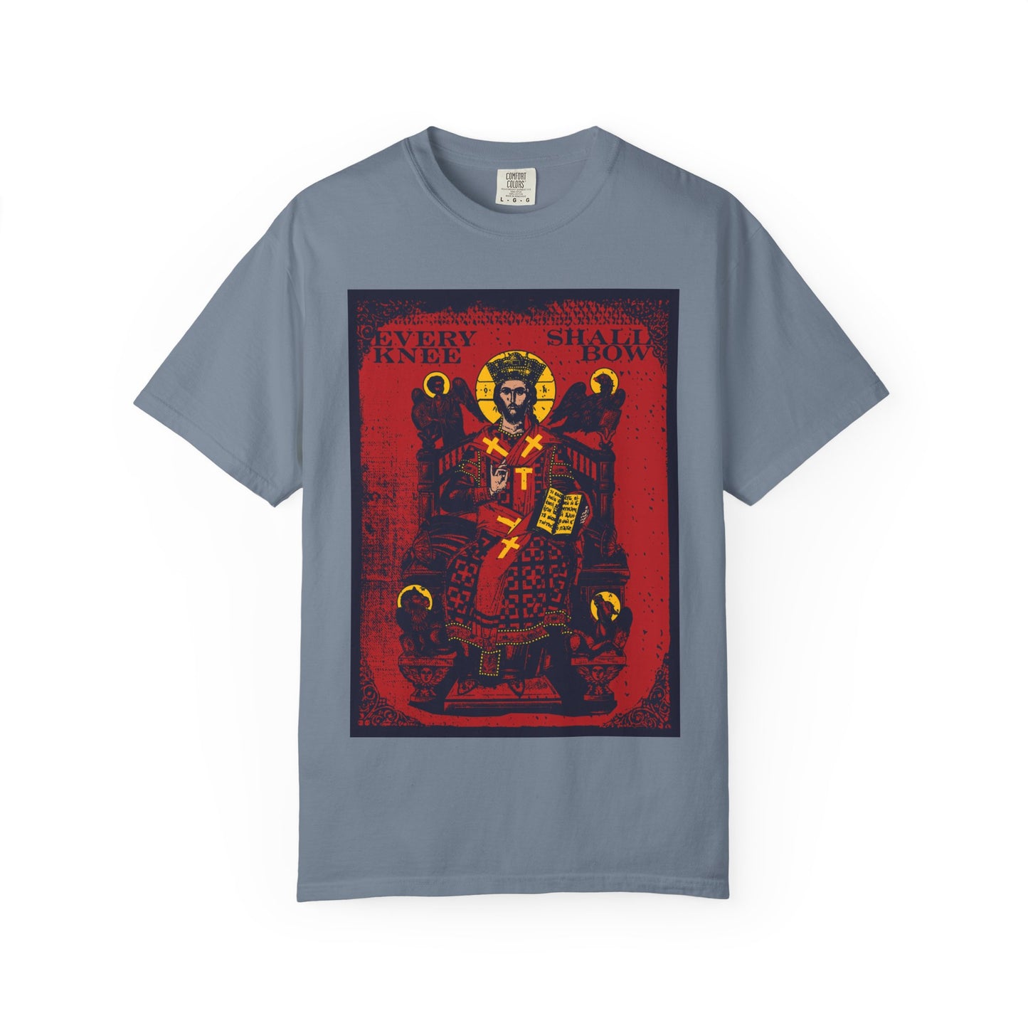 Blue Jean heavyweight cotton unisex tee featuring the "Every Knee Shall Bow (Phil 2:8-11, Isaiah 45:23) | Christ Enthroned IconoGraphic | Ezekiel's Chariot" design.
