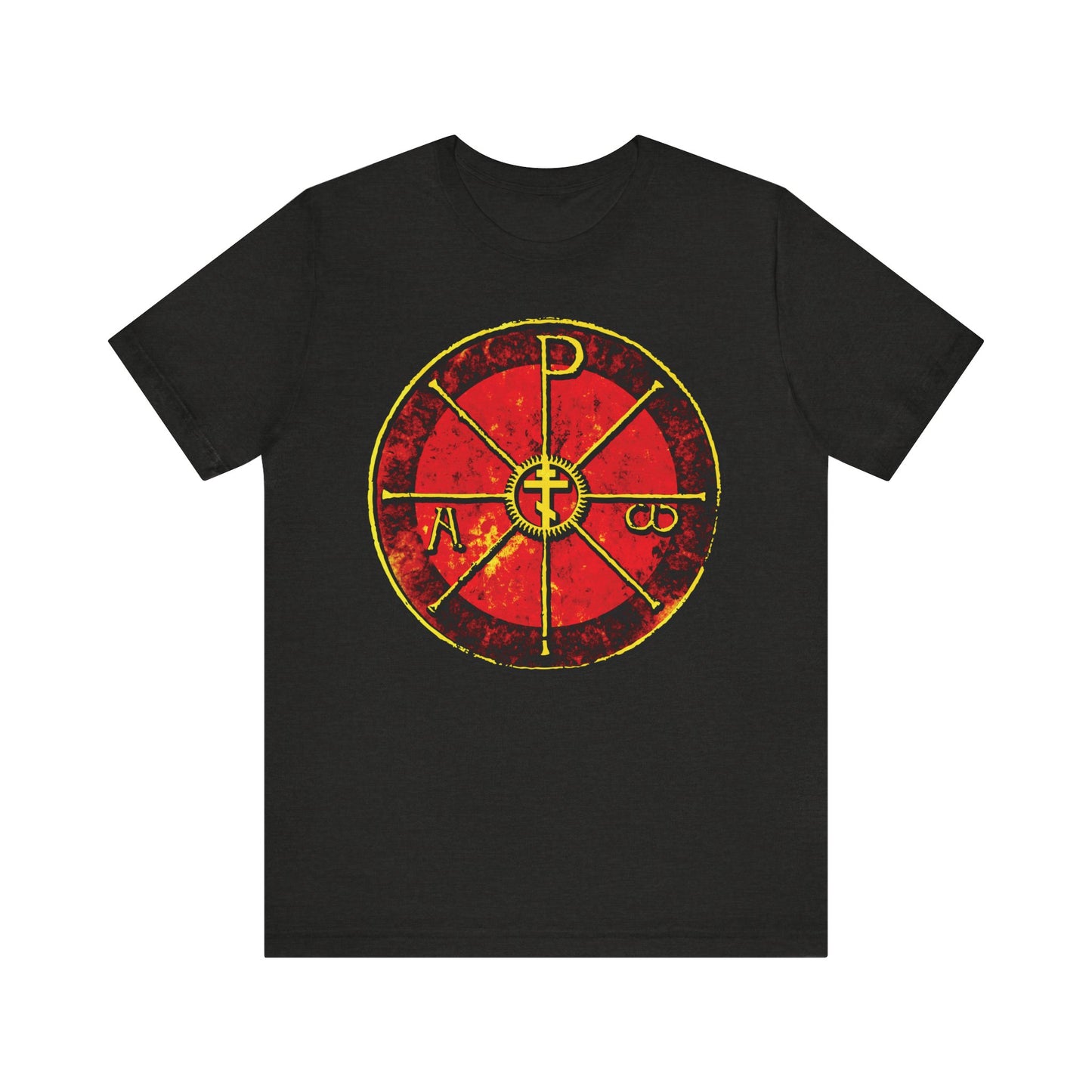 Black Heather t-shirt featuring a red and yellow distressed circular Alpha & Omega Chi Rho Orthodox Cross design with Greek letters, inspired by the ancient Christogram and Saint Ambrose.