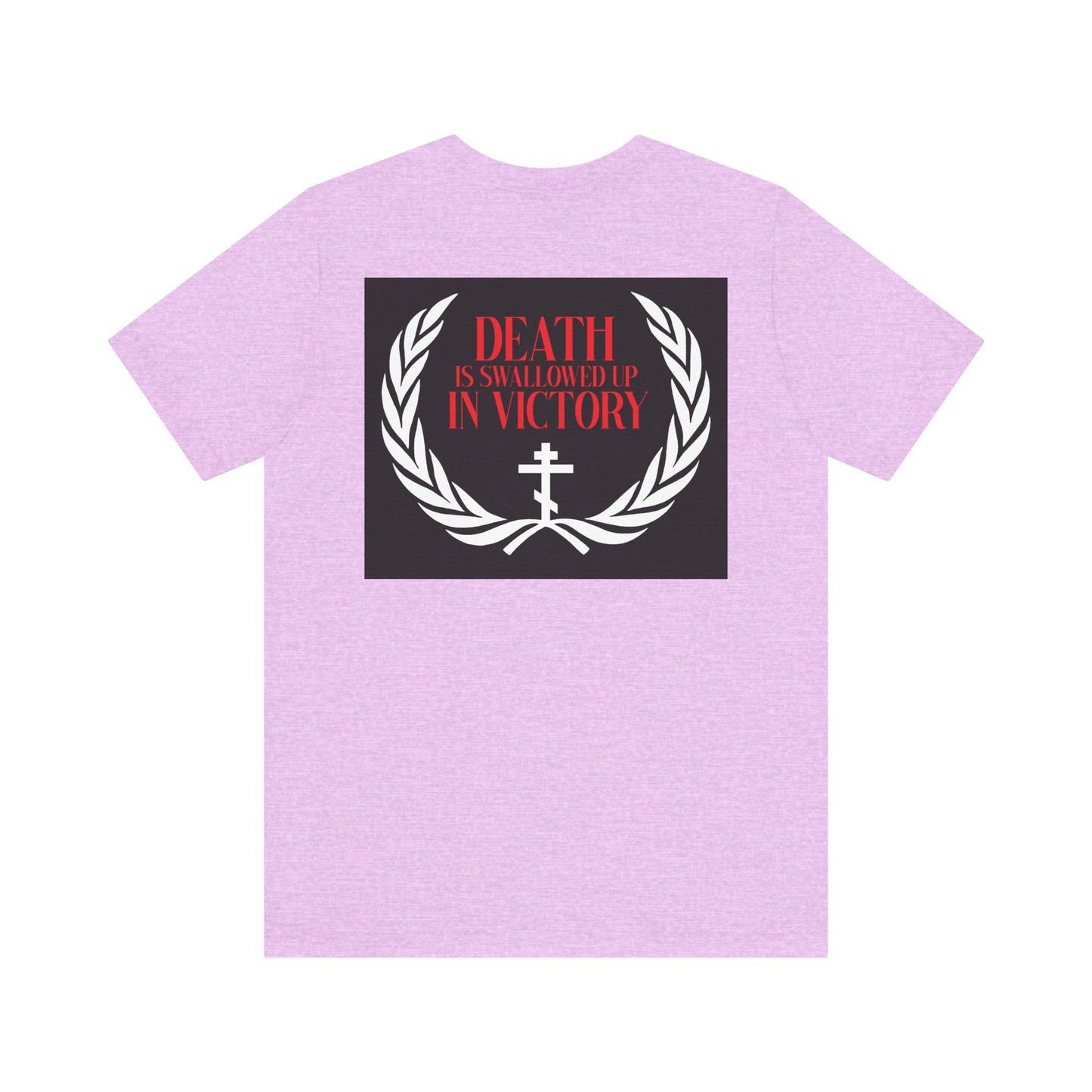 The Archangel Michael of the Apocalypse Iconographic / Death is Swallowed Up In Victory DOUBLE-SIDED T-shirt features a laurel wreath and cross graphic, inspired by the Miracle at Colossae. Lightweight cotton, unisex fit.