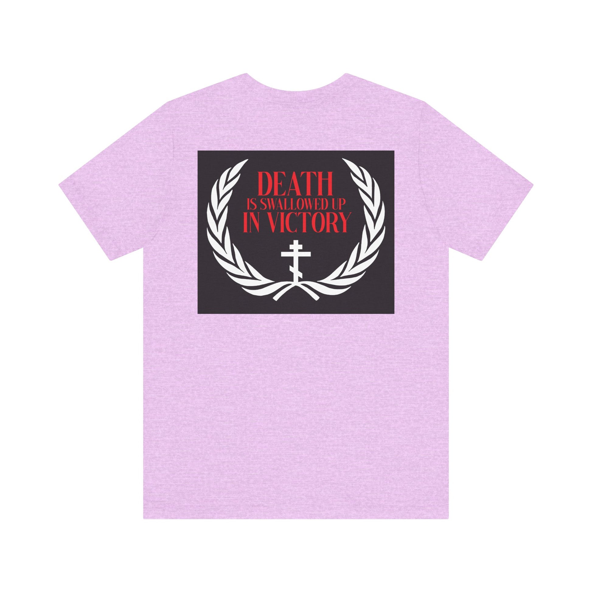 The Archangel Michael of the Apocalypse Iconographic / Death is Swallowed Up In Victory DOUBLE-SIDED T-shirt features a laurel wreath and cross graphic, inspired by the Miracle at Colossae. Lightweight cotton, unisex fit.